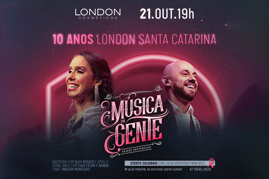 Imagem de divulgação da festa de 10 anos da London Cosméticos, consta a foto dos cantores Bia Barros e Mimi Reis.