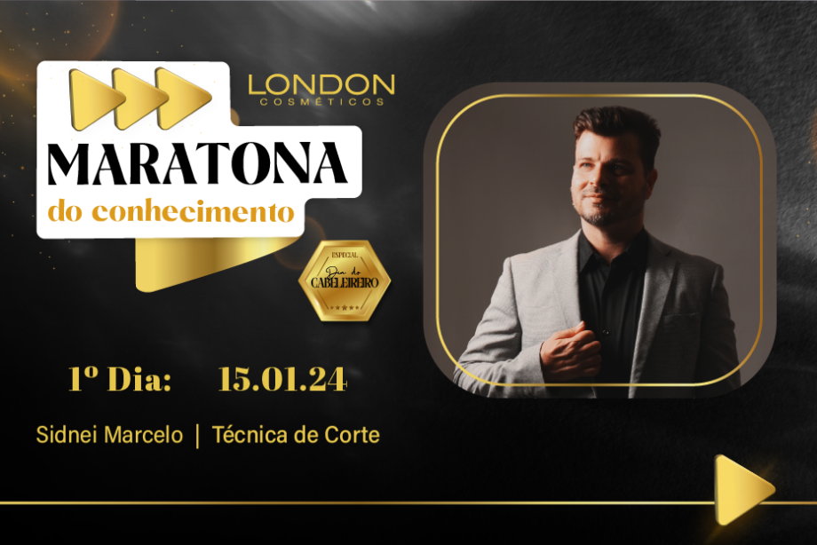 Maratona do Conhecimento da London Cosméticos com Sidnei Marcelo apresentando técnica de corte