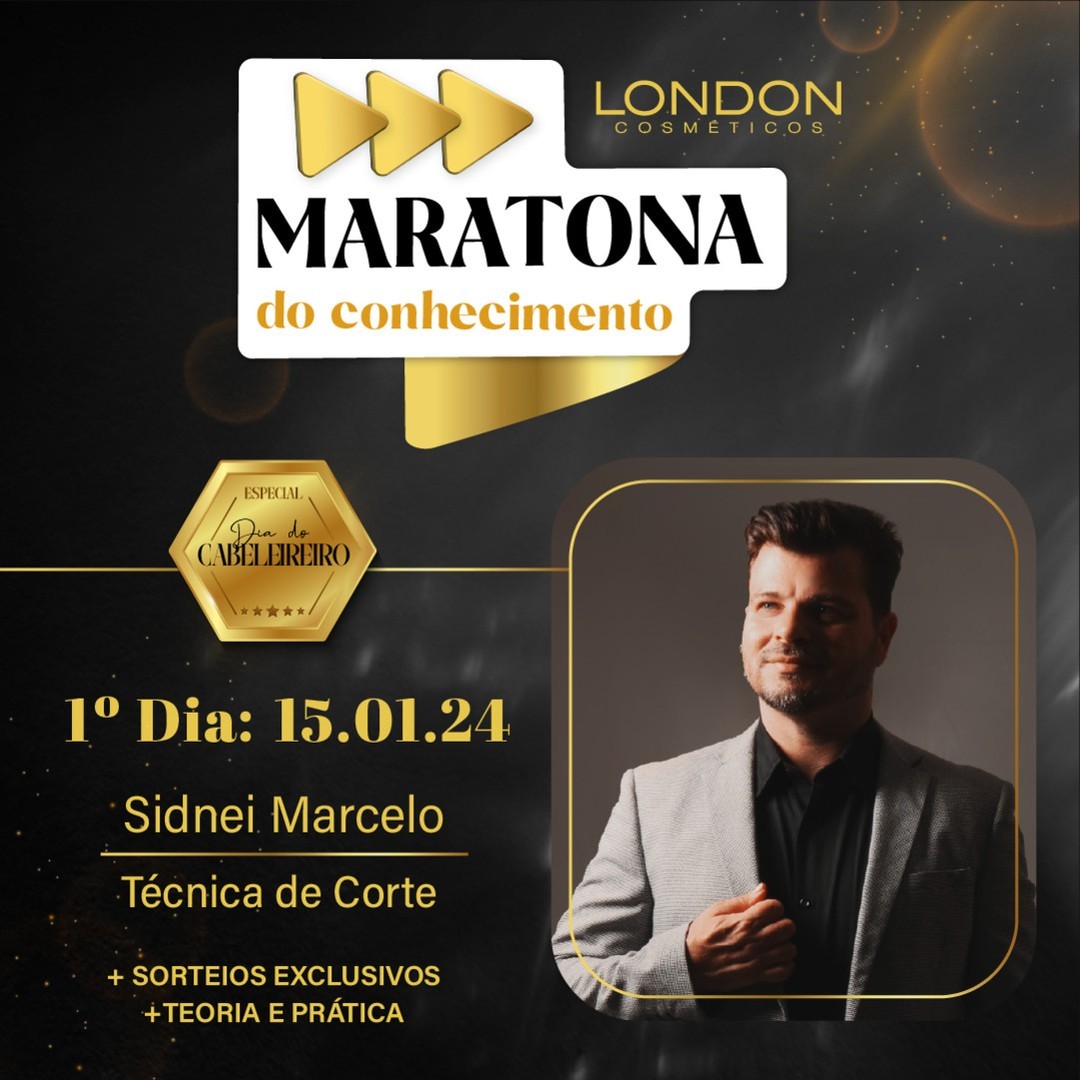 Maratona do Conhecimento da London Cosméticos com Sidnei Marcelo apresentando técnica de corte