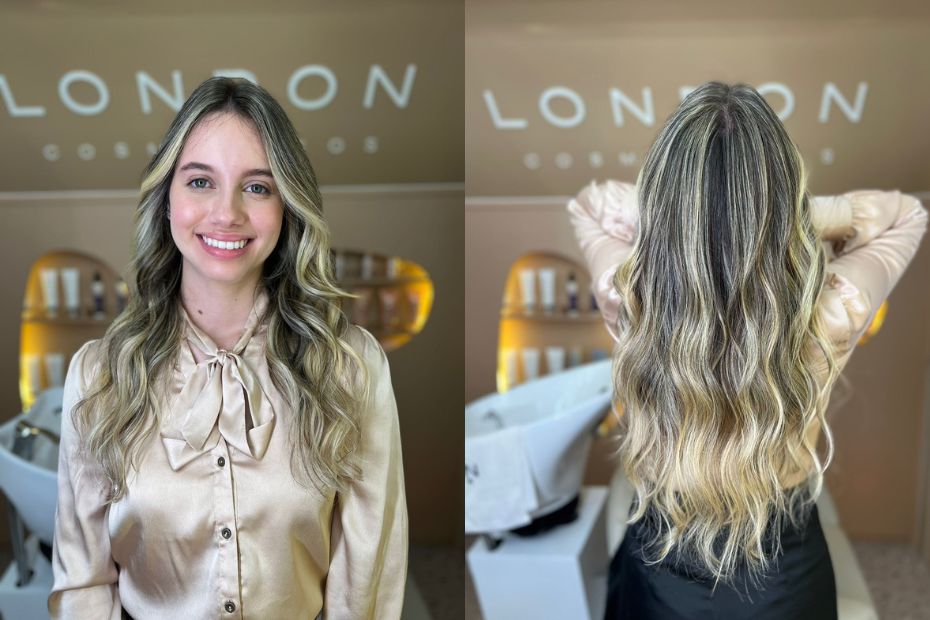 Modelo com mechas loiras para o Workshop de Corte e Mechas da London Cosméticos